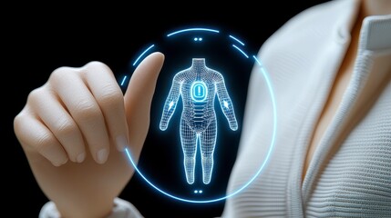 Woman Interacting with Glowing Blue Human Hologram on Dark Background