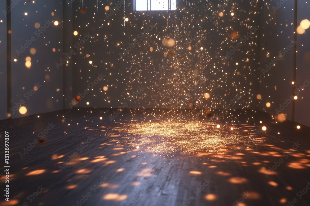 Poster a room with a lot of light shining on it and a lot of sparkles. the room is empty and the light is c