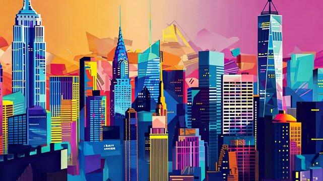 Vibrant digital artwork of a futuristic cityscape with skyscrapers.