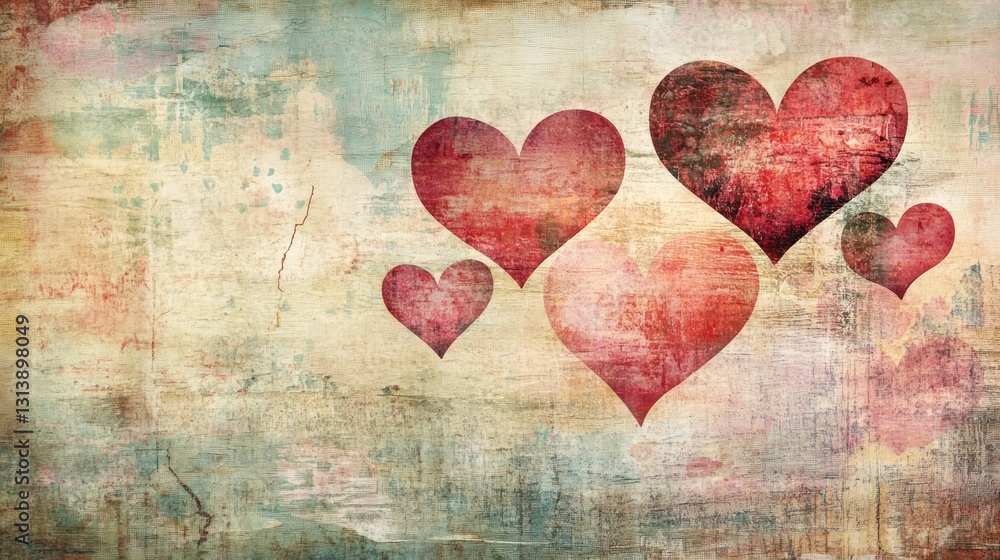 Poster artistic arrangement features multiple hearts on a textured background visually