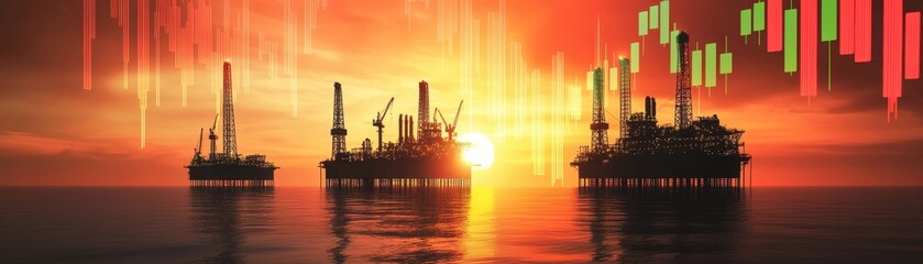 Obraz premium Silhouette of offshore oil rigs at dawn with an overlay of vibrant colors reflecting the tranquil morning sky.