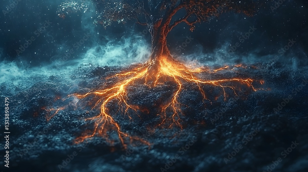 Poster glowing earth with roots and branches symbolizing growth and connection