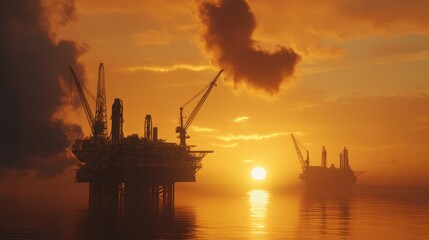 Obraz premium Offshore oil rigs at sunset, ocean platform, energy production