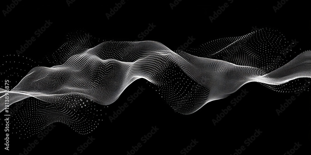 Poster abstract silhouette of data streams showcasing iot concepts with dynamic waves and dots on a black b