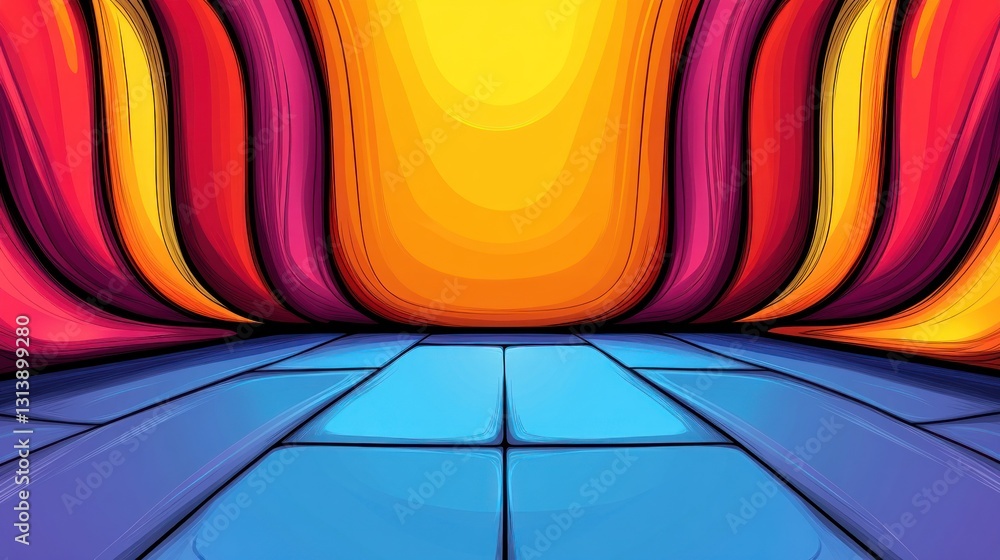 Aufkleber curved colorful backdrop with a blue tiled floor in a gradient abstract setting, perspective view