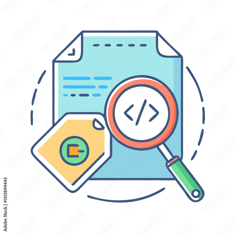 Poster code document with magnifying glass for seo analysis
