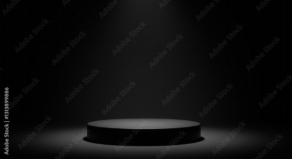 Poster simple empty stage with a round black design in a dark space background