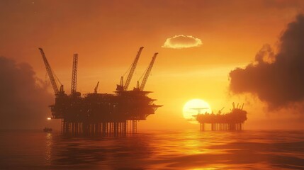 Obraz premium Offshore oil rigs sunset ocean industry energy