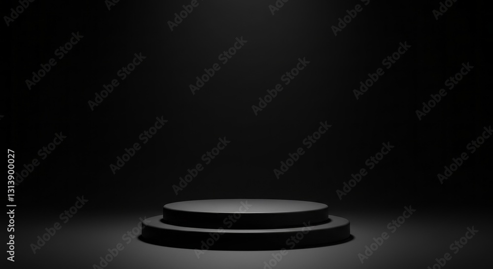 Poster simple empty stage with a round black design in a dark space background