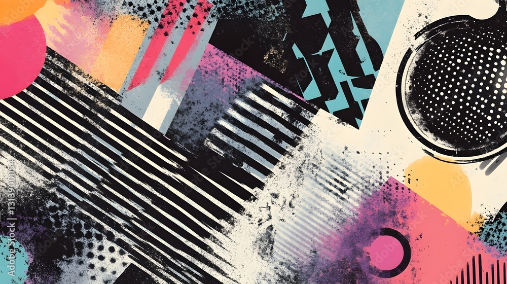 Aufkleber Vibrant Abstract Geometric Shapes and Textured Brushstrokes in Dynamic Digital Composition