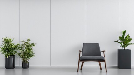 Minimalist Interior Design Features Grey Chair And Potted Plants Against Textured White Wall