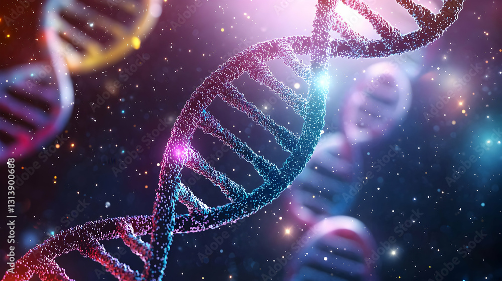 Aufkleber 3d render of a dna double helix structure against a microscopic background with blue and pink lighti