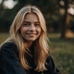 Naklejka premium Portrait of a Young Smiling Woman Outdoors, Concept of Confidence and Modern Lifestyle