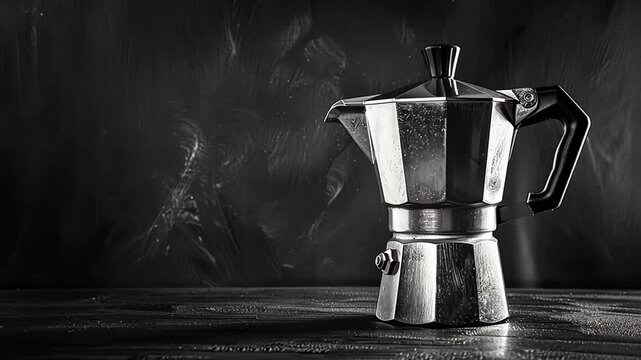Monochrome image of classic espresso maker on dark background