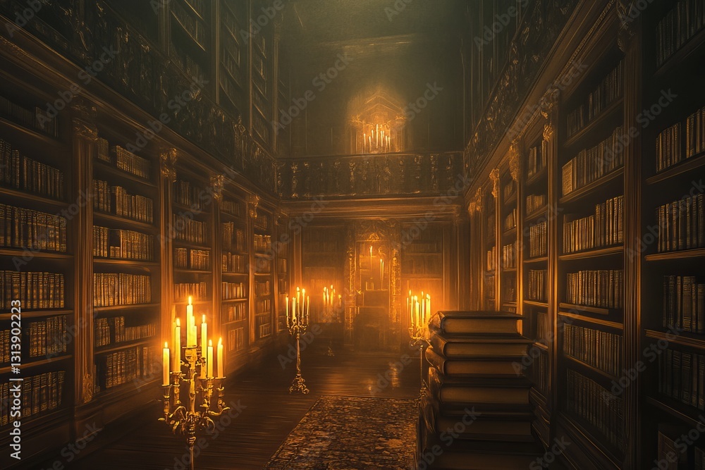Poster explore a captivating library filled with ancient books and flickering candles, creating a warm and 