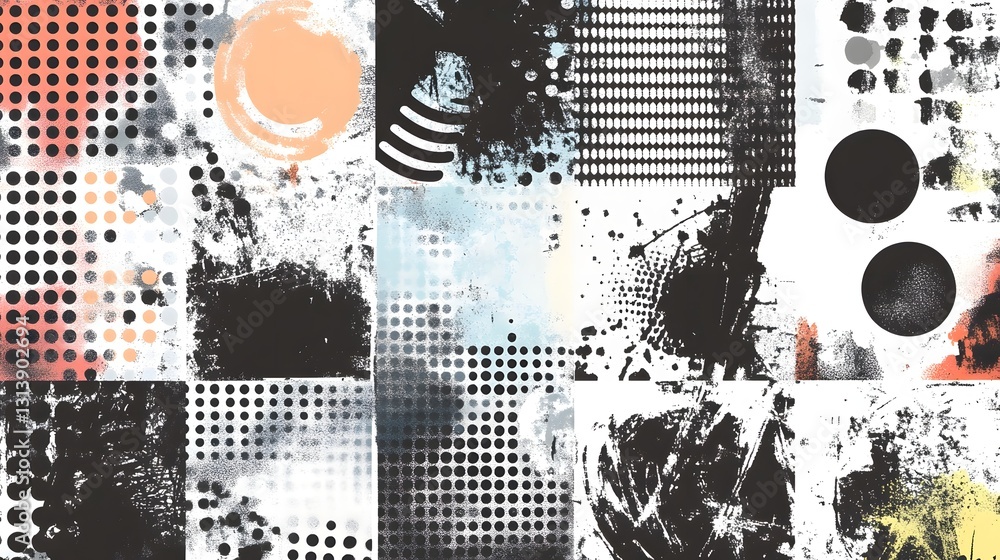 Poster Vibrant Abstract Grunge Texture Composition with Overlapping Geometric Patterns and Splatters