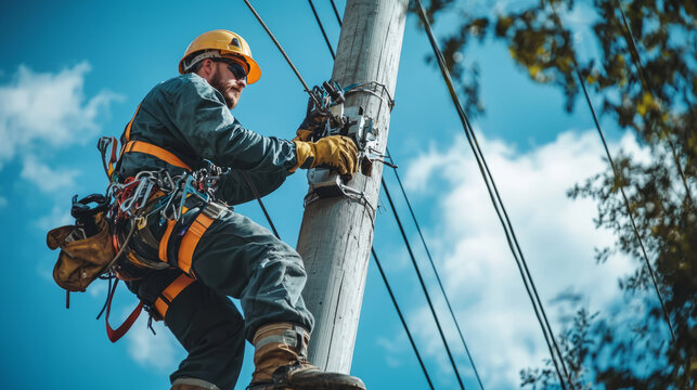 lineman in protective gloves, harness, and a hard hat, climbing a utility pole