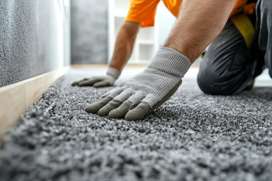 close-up of a construction worker installing a soft, gray carpet in a modern home, highlighting renovation, flooring, and home improvement.