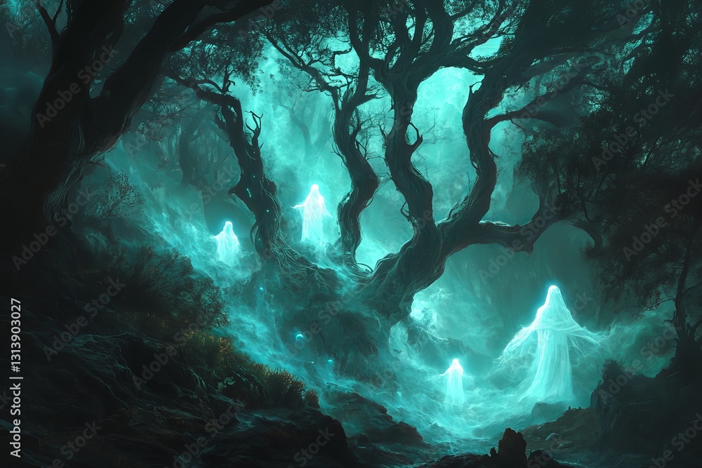 Aufkleber an enchanting scene of a mystical forest illuminated by glowing spirits. ethereal figures emerge fro