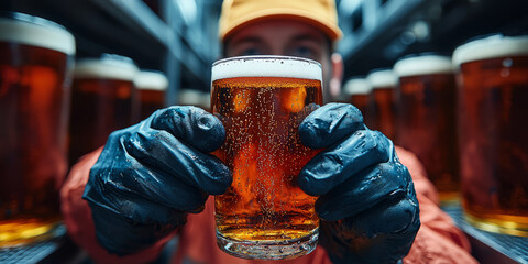 Hands holding glass with beer sample checking color or clarity in brewery