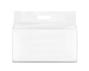 Realistic stand bag with hole handle mockup. Front view. Vector illustration isolated on white background. Suite for the presentation of diapers, wet wipes, pants changing mats.EPS10.