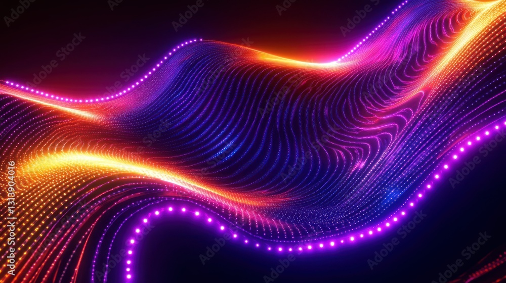 Poster abstract glowing lines and dots form a colorful futuristic wave