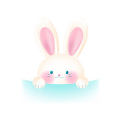 Obraz premium Cute 3D bunny in pastel colors peeks out. Happy Easter.Vector illustration.