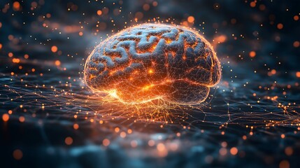 Illuminated brain with glowing connections representing neural activity and information processing in a digital landscape