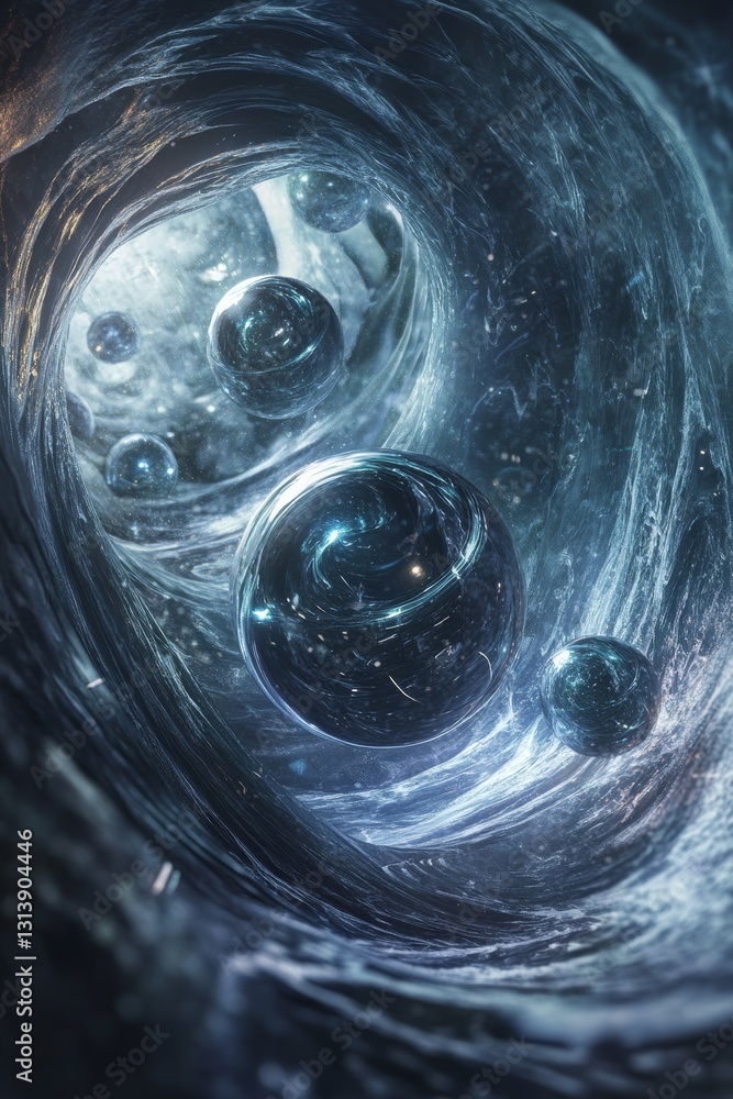 Poster abstract swirling vortex with glowing spheres and deep texture