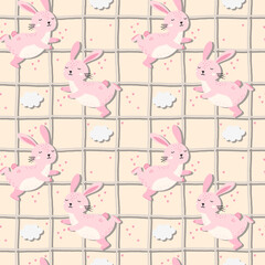 Seamless vector illustration featuring a cute bunny, hare, and Easter theme with flowers and clouds, perfect for spring holiday decor and children s clothing