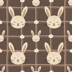 Minimalist Scandinavian-style seamless bunny pattern in neutral beige and brown tones, vector illustration, ideal for baby products, wallpaper, and delicate fabric prints