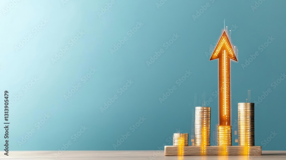 Poster gold coins stacking up with illuminated arrow pointing upward on blue background