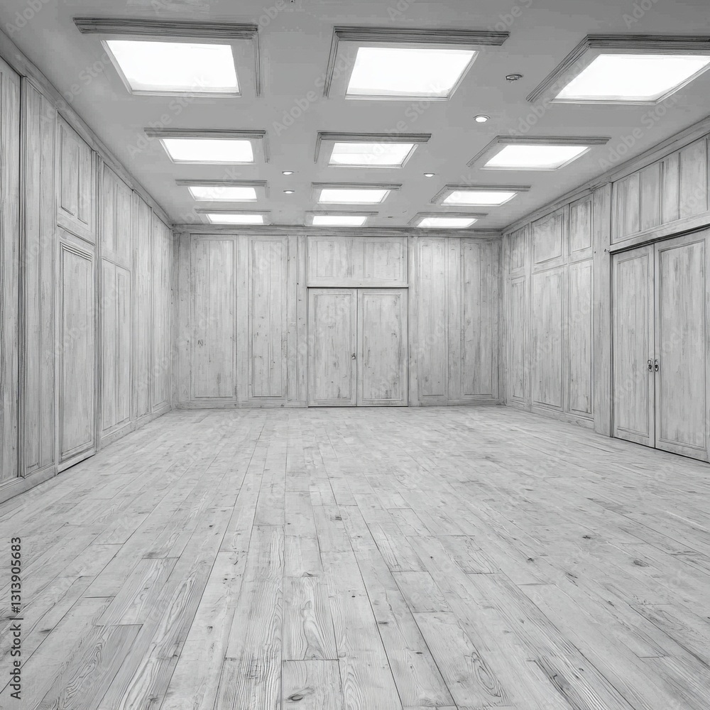Poster a graphic in 3d perspective showing a square room grid on a plain background