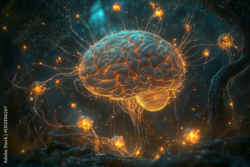Poster a brain with many neurons and glowing lights surrounding it. the brain is surrounded by a lot of oth