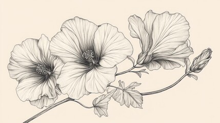 Realistic pencil sketch depicts flowers and leaves on a stem