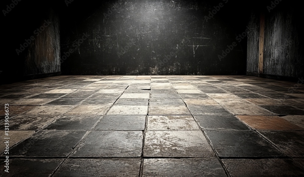 Poster distorted background with a view of a floor that slopes and has a black checkered pattern