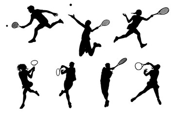 Silhouettes of sports men and women big tennis players. Professional sportsmen holding racket, hitting ball. Vector black monochrome outline illustrations isolated on transparent background.
