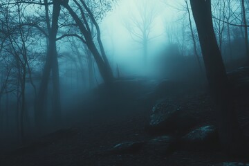 Fototapeta premium An atmospheric view of a foggy forest featuring silhouetted trees in a blue hue. This serene scene captures the essence of nature's mystery and tranquility.