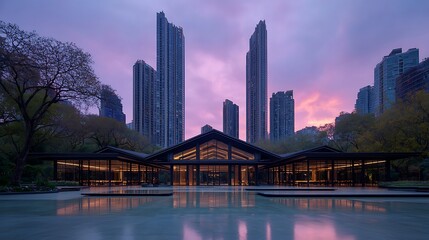Futuristic City Skyline at Sunset with Reflections and Modern Architecture