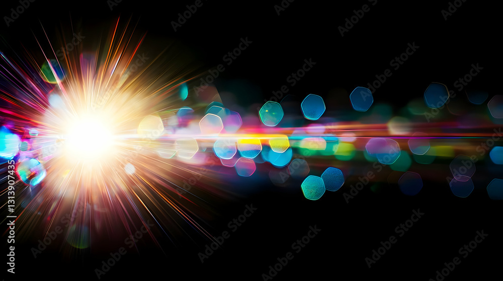 Poster vivid colors and dynamic light rays emanating from a central bright source against a black backgroun