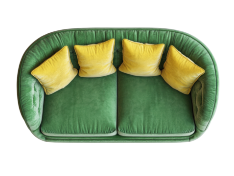 Comfortable green sofa with yellow cushions for stylish living space on a transparent background - Powered by Adobe