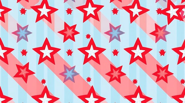 Stars and Stripes: A festive seamless pattern of red and blue stars against a striped backdrop evokes a sense of patriotism, celebration, and design, perfect for digital designs.