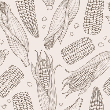 Line art seamless pattern with peeled and unpeeled corn cobs and grain. Linear organic cereal concept. Natural hand drawn vegetable background for print, wrapping paper, fabric, banner, textile