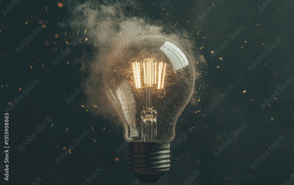 Poster exploding lightbulb with golden dust on dark background