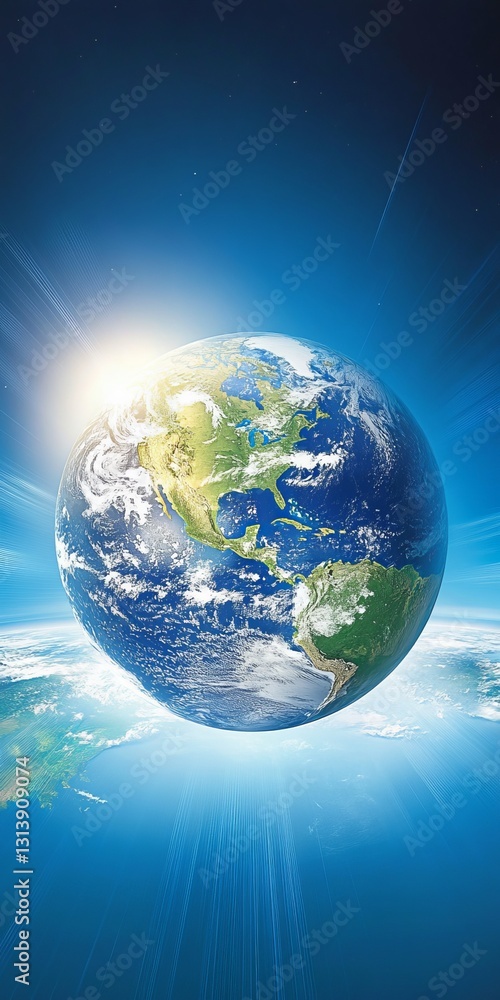 Poster radiating signals surrounding the globe in space with brightness