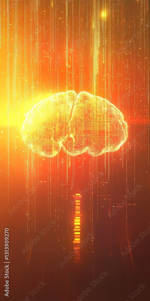 Poster this striking image features a glowing brain in a futuristic setting, radiating with orange light ra