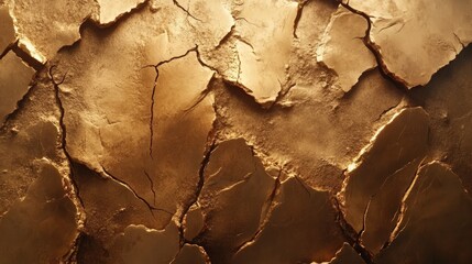 Fototapeta premium Cracks traverse a textured golden surface with rough edges