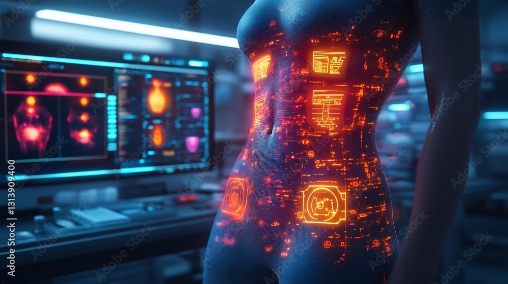 Poster body scan with futuristic interface overlay in laboratory setting
