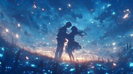 Obraz premium Romantic Anime Scene of Two Characters Holding Hands at Dusk