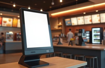 Close-up of self-service touchscreen display in fast food restaurant. Blank screen for mockups. Digital kiosk offers menu, speeds ordering process. Modern system for quick electronic purchase,